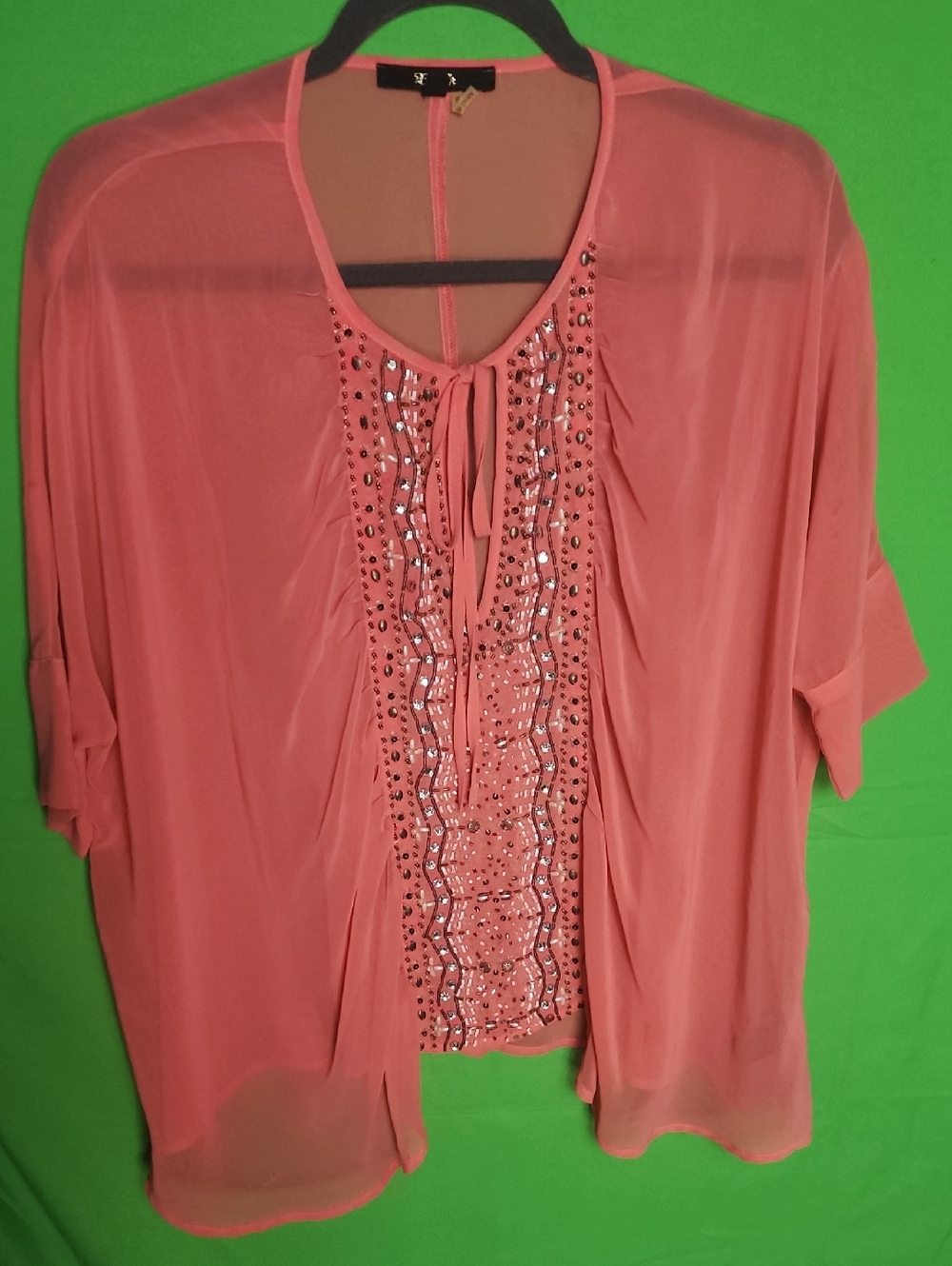 Ross Stores Coral Sheer Beaded Blouse - Boho Keyhole Tie Neck - Size Small